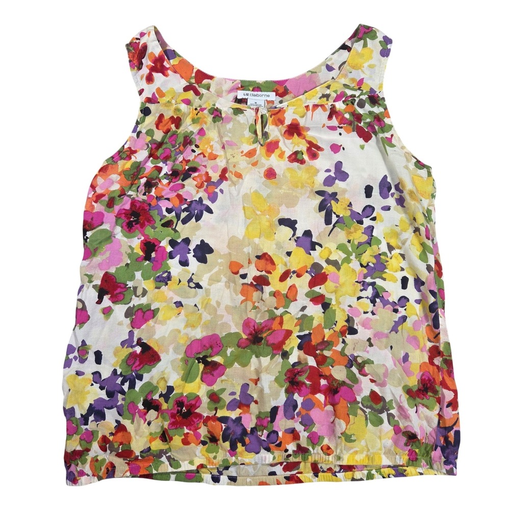 Liz Claiborne Womens Medium Multicolor Floral Cotton Keyhole Blouson Tank Top